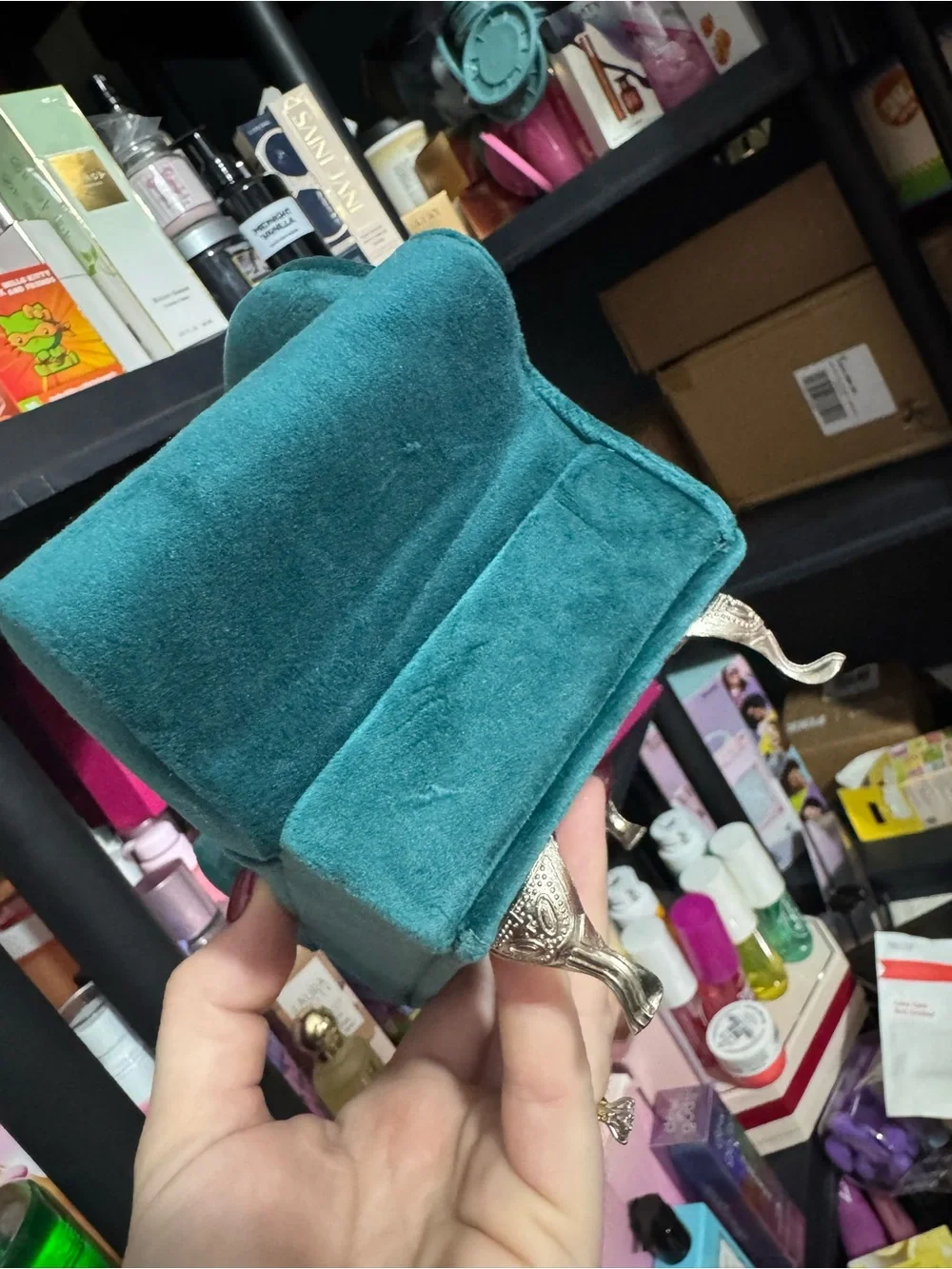 Teal Velvet Heart Accent Mini Sofa Jewelry box